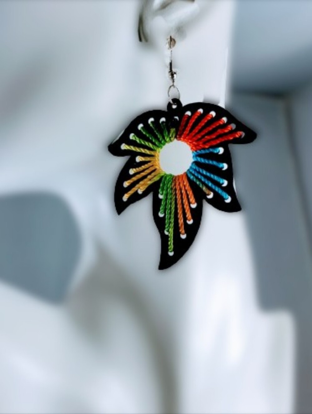 Handmade Black Floral Thread Drop Earrings with Rainbow Accents - Women Jewelry